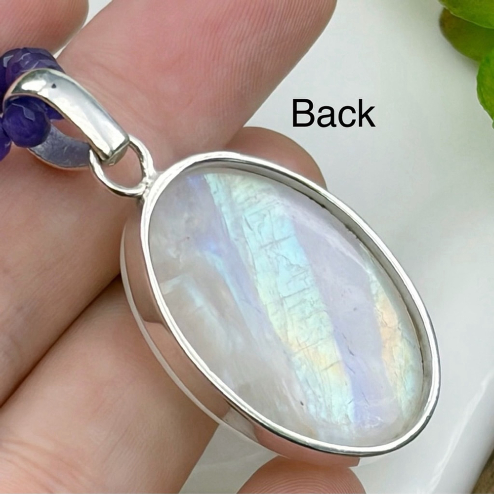 Rainbow Moonstone Pendant Necklace Pure Sterling Silver 925 Boho Southwest - Picture 6 of 10